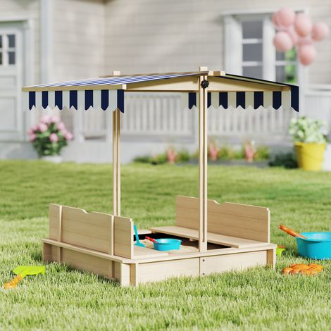 Sandkasten aus Holz für Kinder mit Sonnenschutz, Bank und Deckel, 106 x 106 x 115 cm, weiß und blau