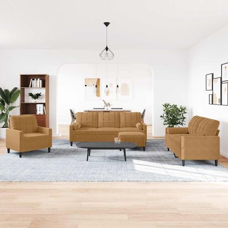 Ensemble salon 4 pièces en velours marron avec fauteuil, canapés 2 et 3 places et pouf - PANGIVO (1/5)