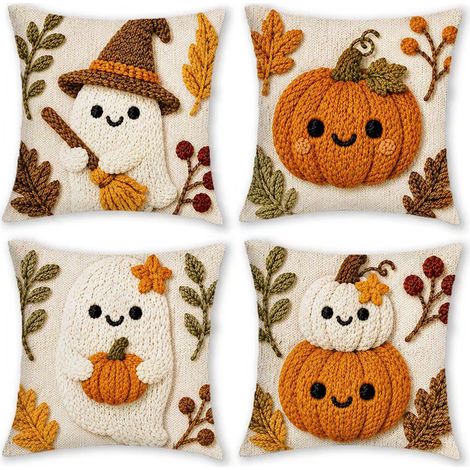 Housses de coussin Halloween lot de 4 – motif citrouille 2D, style campagne et tissu en lin, housses décoratives d’automne pour canapé, fauteuil, chambre, salon et bureau, sans rembourrage (1/3)