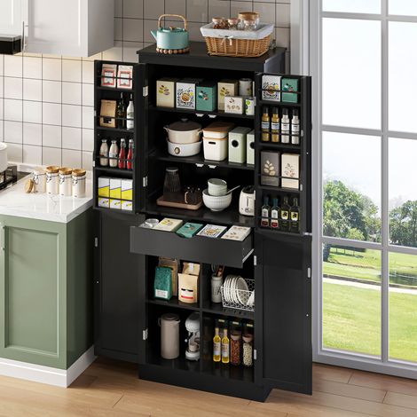 Armoire de cuisine multifonction, meuble haut avec deux portes, étagères, compartiments de rangement et tiroir intérieur, 182 × 40 × 75, idéal pour salon, salle à manger et cuisine (1/4)