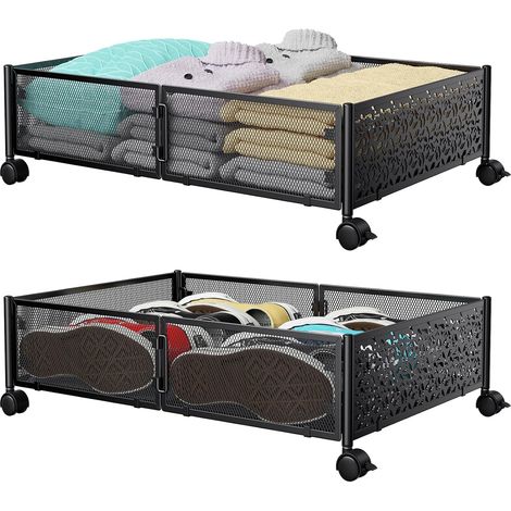 Lot de 2 Bacs Rangement Métal Sous Lit - Roulettes 360° - Pliable Sans Outils - Pour Chaussures Et Linge - 60x40x16 Cm