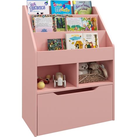 Kids Bookshelf, Toy Organiser, with Storage Drawer, Wheels - Pink (1/5)