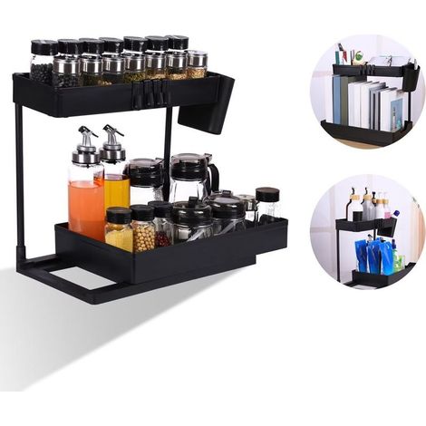 Rangement sous évier avec tiroir de rangement coulissant Rangement sous évier à 2 niveaux avec 4 crochets Rangement sous évier avec panier de rangement coulissant pour cosmétiques cuisine salle de bai (1/5)