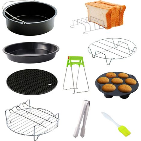 Kit de 10 accessoires pour friteuse à air chaud : plaque de cuisson, grille, plateau à pizza, support en métal, support à pain, moule à cupcakes (pour friteuses à air chaud de 3,2 à 5,8 L). (1/5)