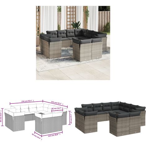 11-tlg. Garten-Sofagarnitur mit Kissen Grau Poly Rattan - Gartensofas - Outdoor Möbel - Lounge Set - Rattan Sofa - Gartenlounge - Home & Living (1/3)