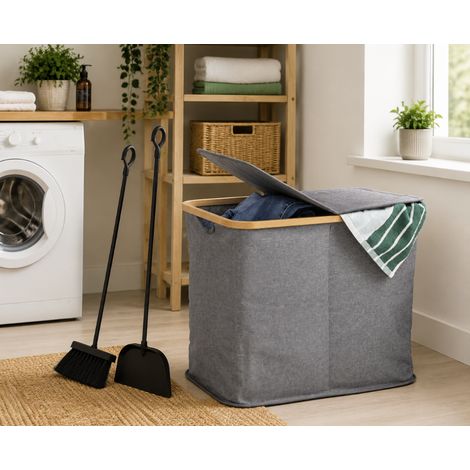 Ensemble de rangement pour la buanderie et le coin cheminée (2 pièces) – Trieur à linge double gris et ensemble balayette et pelle à cendres (1/5)