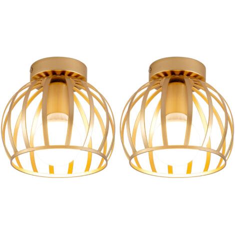 royaluxe- (2X) Lampe De Plafond Rétro Luminaire Plafonnier Cage En Métal Plafonnier Design Rond E27 Pour Chambre Café Restaurant 20CM, Doré