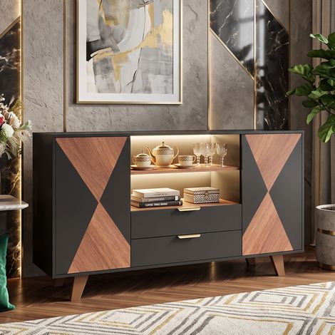 Creahappy Buffet Enfilade 150x40x90 cm LED RGB - Meuble Rangement Cuisine Salon Gain de Place - MDF Design Moderne Bicolore Noir et Bois (1/5)