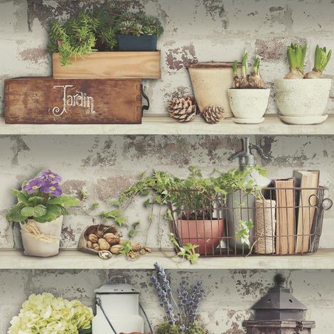 Shades Flower Pots Wallpaper Garden Rustic Shelves Distressed Green Grey White (1/4)