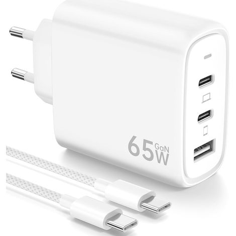 65W Chargeur USB C Rapide avec GaN Technologie, 3-Ports PD & QC3.0 Chargeur Prise avec Câble USB C 2M Compatible pour iPhone 16 Pro/15 Plus, pour Galaxy S24/23/S22, pour MacBook Pro/Air, etc (1/5)