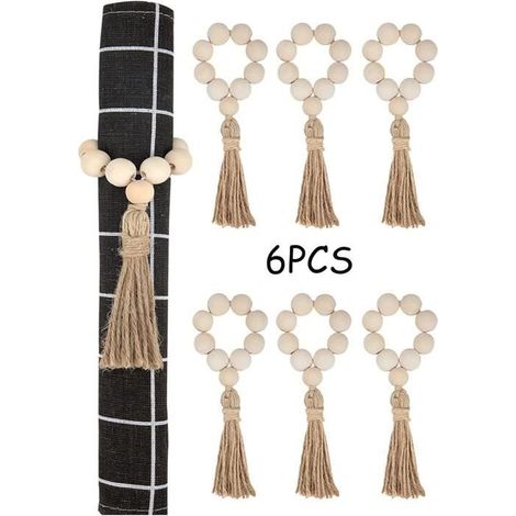 Rond de Serviette - Artisanat - Bois et Perles - 6 pièces - Beige - Décoration de Noël (1/4)