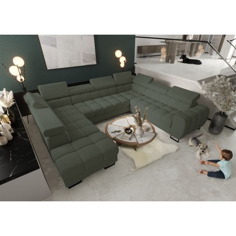 Wohnlandschaft Schlafsofa BASTIEN XL in Stoff Gemma Dunkelgrün Ottomane Links