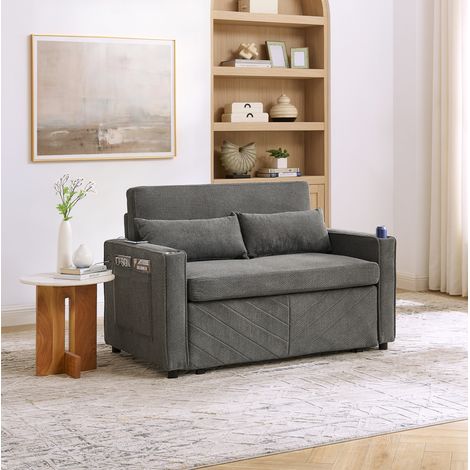 Canapé-lit 2 places gris foncé en bois et tissu avec USB intégré et conversion coulissante 3 en 1 (1/5)