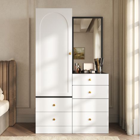 MEUBLIV Armoire coiffeuse 90x50,5x160 cm noir et blanc – miroir et tabouret escamotable (1/5)