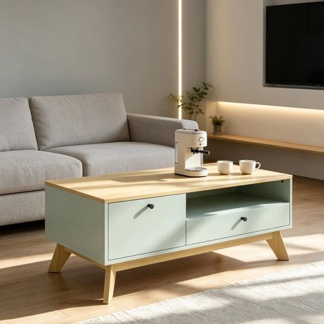 Mesa de centro rectangular 100 x 50 x 40 cm con cajón, puerta y hueco HAVRYA (1/5)
