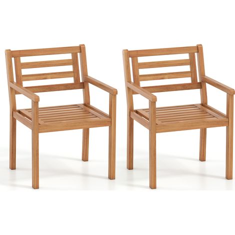 Lot de 2 Fauteuil Exterieur en Bois Acacia, Capacité 180 kg, Chaises de Jardin avec Accoudoirs, Dossier Incliné et Lattes pour Terrasse Patio Balcon (1/5)