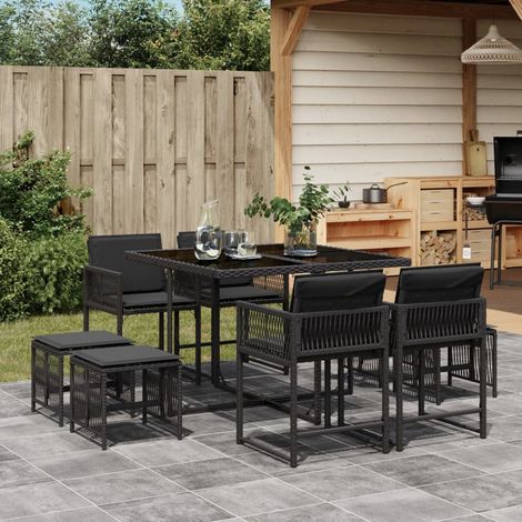 Ensemble à manger de jardin 9 pcs-Salon de jardin-Ensemble repas d'extérieur coussins noir résine tressée 411807 (1/5)
