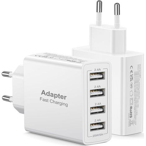 Chargeur USB Multiple Lot de 2, 4 Ports Prise USB Murale Multiple Chargeur Rapide 25W, Adaptateur Bloc Secteur USBA Charge Rapide pour 25 24 23, Air 17 16 15 14 13 12, Pad (1/5)