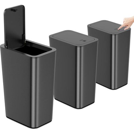 Lot de 3 poubelles de salle de bain - 10 l - Avec couvercle - Anti-odeurs - Pour cuisine, salle de bain, bureau, salon, chambre à coucher, WC - Noir (1/5)