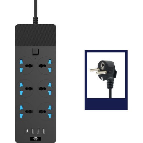 Universelle Steckdosenleiste mit 6 Steckdosen, 3 USB-Anschlüssen und 1 Typ-C-Anschluss, 2 Meter langes Verlängerungskabel, 3000-W-Universalsteckdosenleiste mit Überspannungsschutz, 110-250-V-Verlänger (1/5)