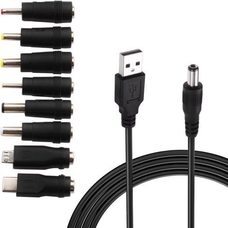 Cable USB a DC 5V, Cable de alimentación USB a DC, Adaptador de alimentación DC 8 en 1 con conector hembra DC 5.5 x 2.1mm para portátil, router, etc. (1m, negro) (1/4)