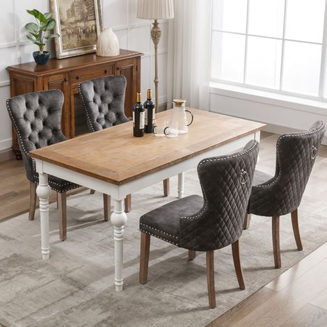 Set de 4 sillas de comedor de terciopelo gris, patas de madera maciza, 53 x 46,5 x 95 cm (1/5)