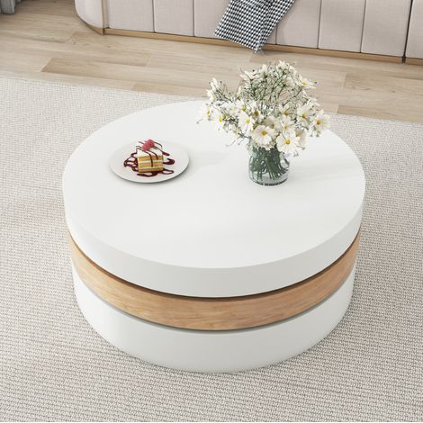 Table basse rotative 60x60x35,1 cm en MDF blanc et naturel, avec rangement pour salon FloraGrace (1/5)