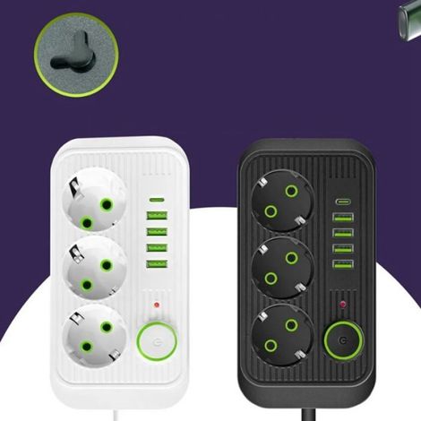 Rallonge - 2 M - Prise UE - 3 Prises + 4 Ports USB - 2500 W - Noir (1/5)
