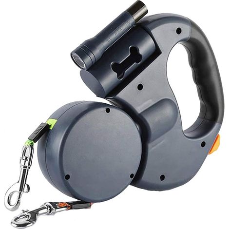 Doppelte Hundeleine, einziehbare Hundeleine, 360° verstellbare Drehung, verwicklungsfrei, mit reflektierenden Streifen, Taschenlampe und Hundekotbeutelspender.