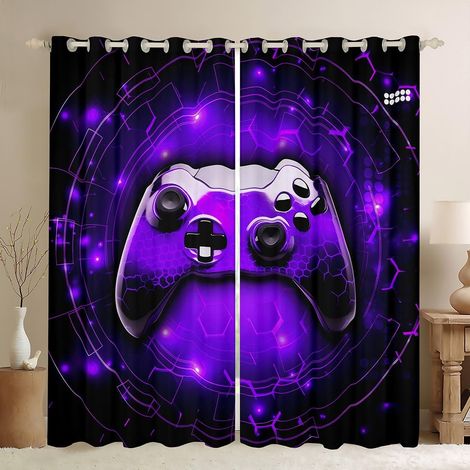 Consoles de jeux Rideaux de fenêtre, Garçons Jeux Vidéo Gamepad Impression Cuisine Fenêtre Traitements, Violet Néon Miel Nid D'abeilles Rideaux pour la Décoration de la Maison, 2 Panneaux - 175x140cm (1/5)