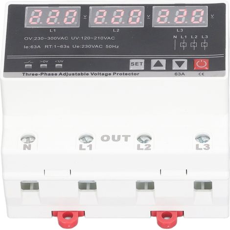Dispositif de protection triphasé réglable contre les surtensions et les sous-tensions, montage sur rail DIN, 120-300 V CA, 63 A (1/5)