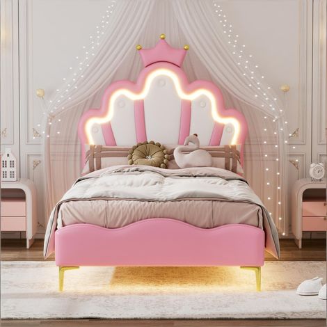 Lit simple enfant 90x200 cm avec Tête de lit et Sommier à lattes,lit princesse en forme de couronne,lit fille/ado,avec LED,PU,Rose (1/5)