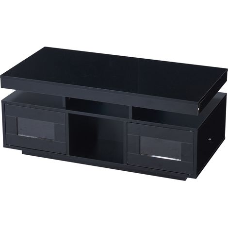 Table basse noire brillante 100×50×43 cm avec LED contrôlables par application, prise EU et USB, rangement intégré (1/5)