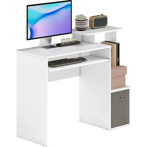 Escritorio multimedia Irovami, estantes, tableta, teclado, cesta gris, paneles de partículas blancas