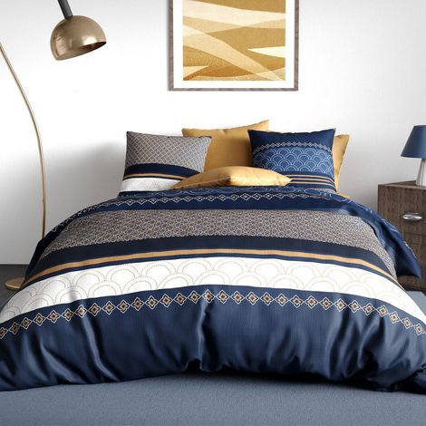 Parure housse de couette 240x220cm + 2 taies motif graphique bleu jaune et blanc 100% coton - OLYPSIA (1/4)