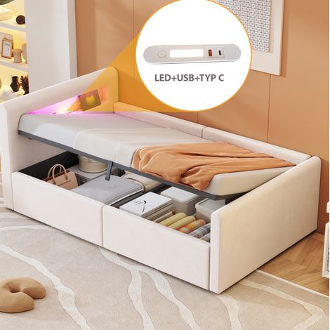 Kinderbett 90/200 cm beige aus Samtstoff mit LED, USB und hydraulischem Stauraum (1/5)