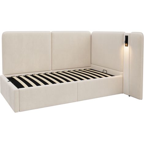Lit de jour 90 x 200 cm avec rangement hydraulique, lit rembourré, canapé-lit avec port USB et lampe de lecture, velours, beige (1/5)