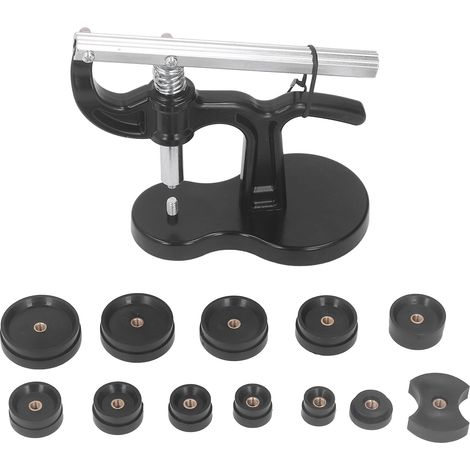 Uhrengehäuse mit Druckfeder und rutschfestem Griff, rückseitiger Verschluss mit 12 Einpresswerkzeugen für Reparatur und Wartung. (1/5)