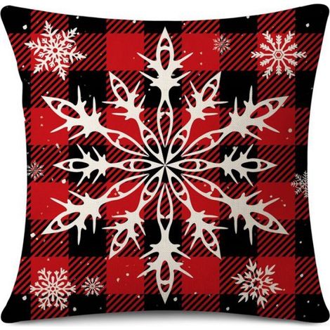 Housse De Coussin - Noel - 45x45 Cm - Motif Flocons Sapins Rennes Bonhommes De Neige Carreaux Rouges Et Noirs - Lot De 4 (1/5)