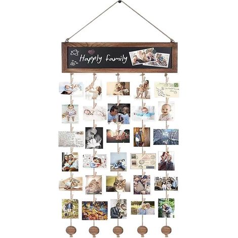 Collage photo - Tableau d'affichage suspendu - Cadre photo rustique en bois - Idéal pour la décoration murale et la chambre - Avec tableau noir et 30 pinces carbonisées - Noir (1/4)