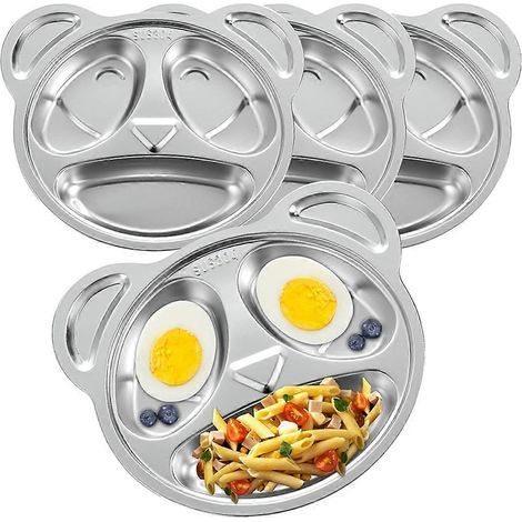 Lot de 4 assiettes compartimentées en métal, 3 sections, style panda