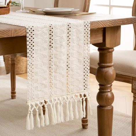 Camino de mesa beige,mantel de algodón y lino con borlas,estilo rústico otoñal,30 x 160 cm,decoración de mesa de boda vintage bohemia (1/5)