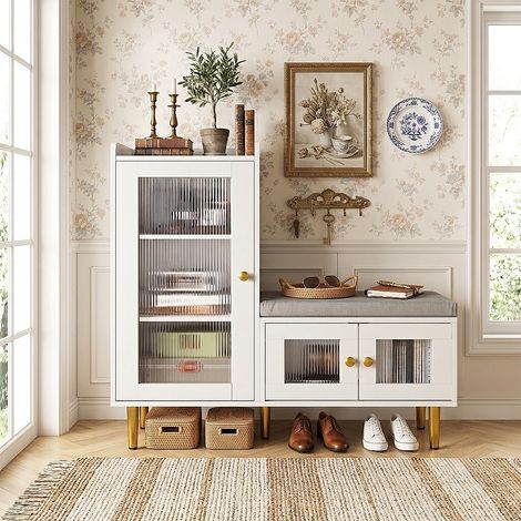 Scarpiera con Panca Imbottita 100x35x90cm Mobile Ingresso Stile Moderno Scarpiera Ante in Vetro Scanalato Ripiani Regolabili - Bianco (1/5)