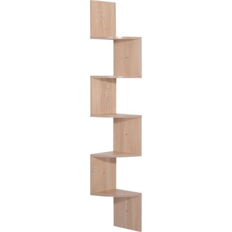 Étagère d'angle Murale de Rangement Forme Zigzag 20L x 20l x 126H cm 5 Niveaux Bois chêne Clair