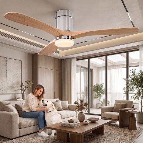 Ventilateur de plafond avec lumière LED, silencieux 6 vitesses télécommande, ventilateur plafond moderne, fonction été hiver réversible, éclairage tricolore 3000K-6500K (Bois Massif, 3 pales 52")