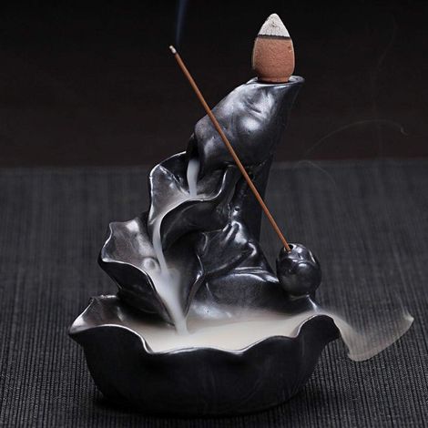 Brûle-encens à refoulement en céramique Forme de feuille de lotus Noir (1/3)