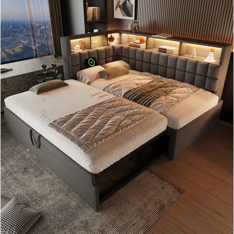 MEUBLIV Cama 90x200 cm gris – con cama nido y LED, sin colchón (1/5)