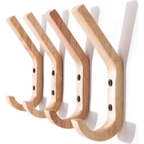 4 Pieces 16 x 6 x 2.5 cm Rubber Wood Wall Hooks Coat Hooks Coat Racks with Two Hooks (1/5)