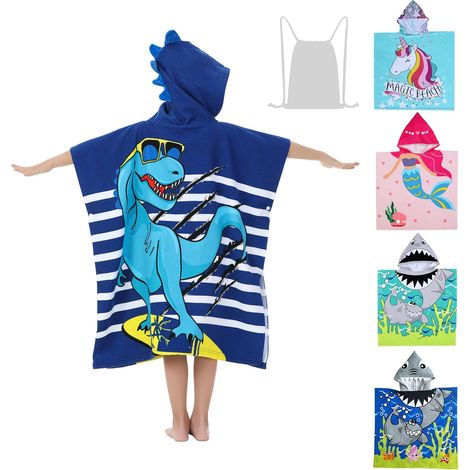 BEBUSINGOTO Toalla de playa de dinosaurio con capucha para niños y niñas de 3 a 10 años. Albornoz infantil con bolsa con cordón. (1/3)