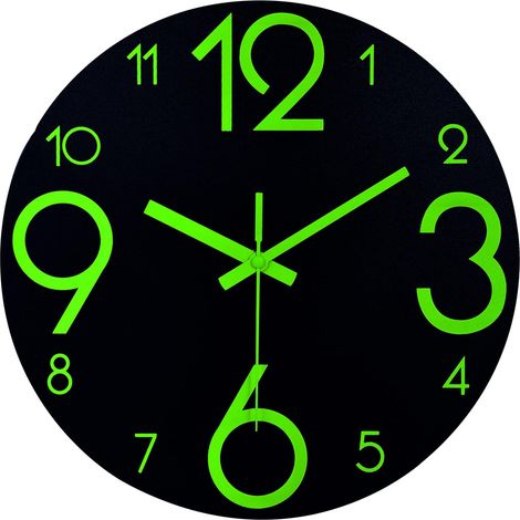 30 cm Horloge Murale Lumineuse - Pendule Murale Fluorescente Silencieuse - Grande Horloge Murale Décorative pour Cuisine, Chambre à Coucher (Noir)